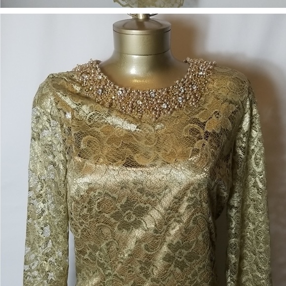 Teri Jon Dresses & Skirts - TERI JON GOLD LACE OVERLAY DRESS WITH BEADED NECKLINE
